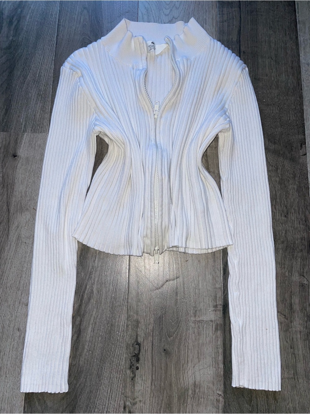 H&M White Ribbed Zip-Up Long Sleeve Top